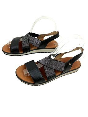 Wirth Leather Slingback Stretch Cross Strap Sandals Womens 36 Black Silver Brazi